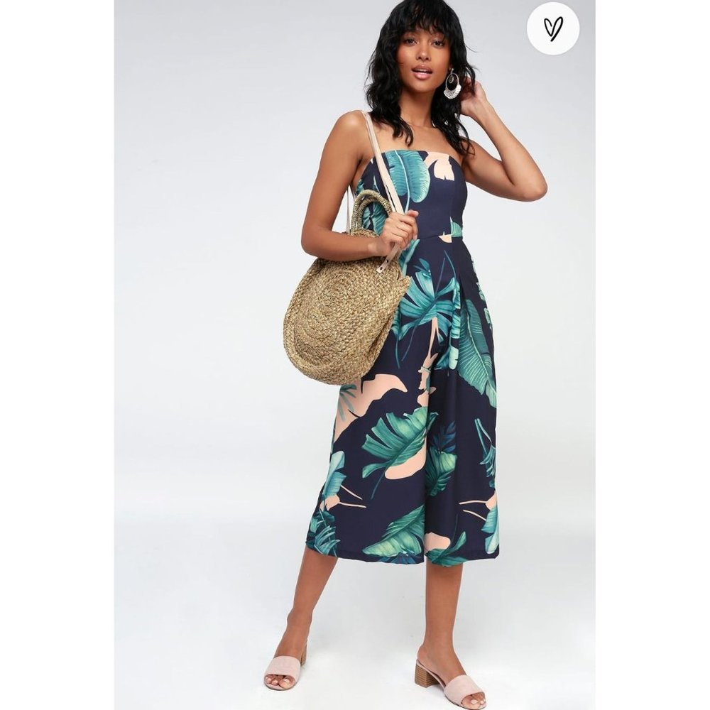 Lulu's | Rainforest Blooms Navy Blue Print Strapless Midi Jumpsuit Size XS